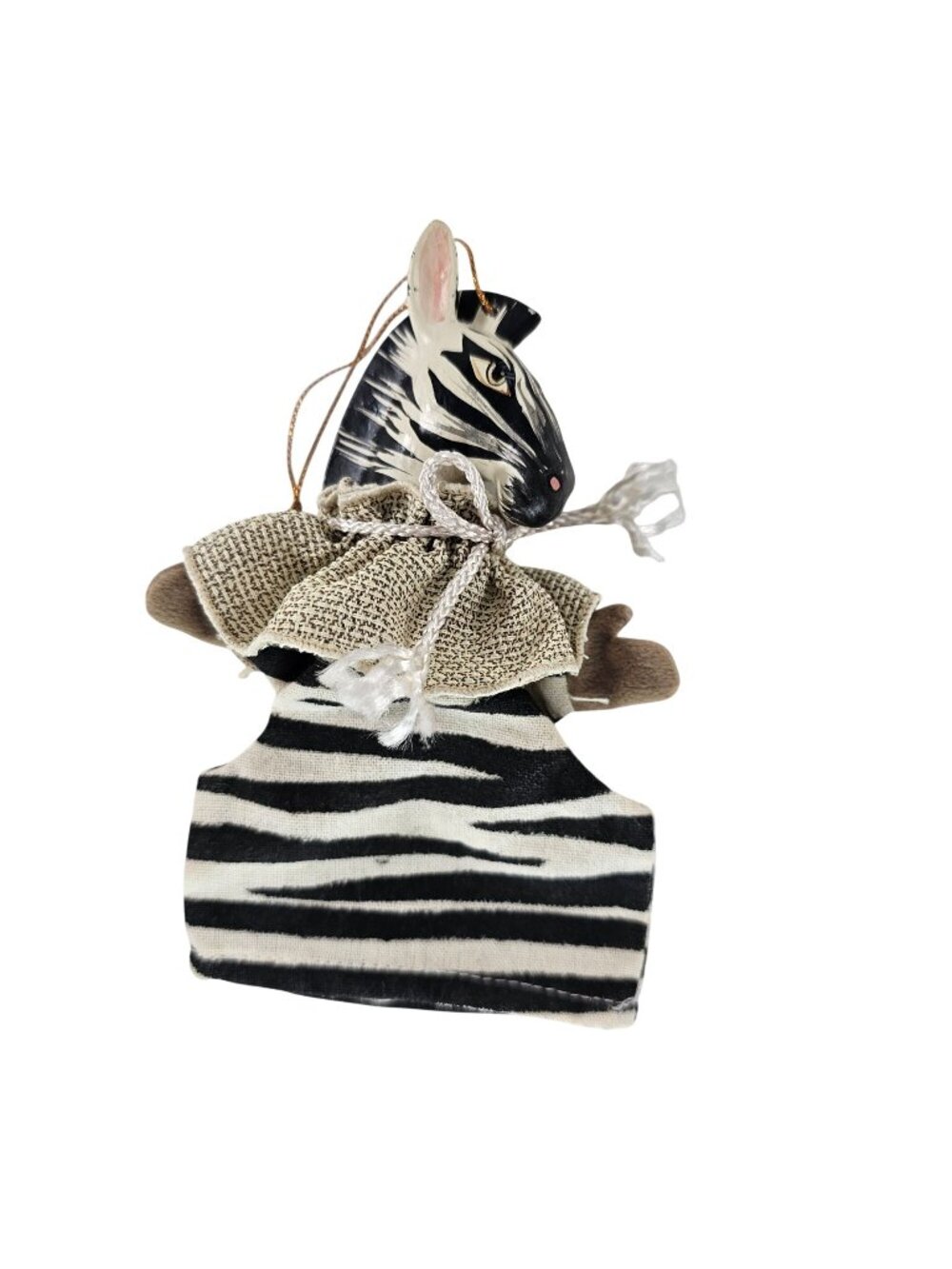 Handmade Zebra Puppet Ornament With Woven Fabric Outfit Painted Wooden Head